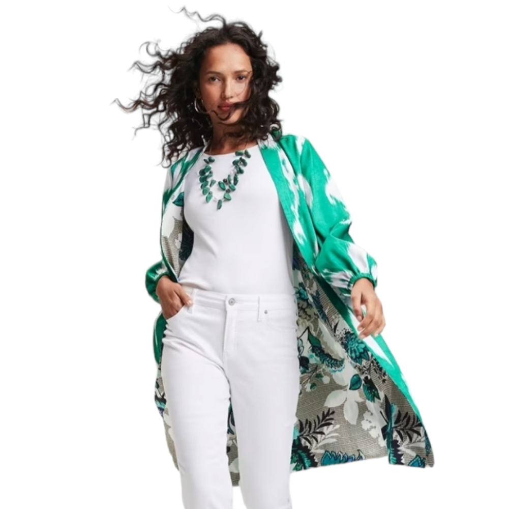 Chico's 4.5 Reversible Ikat Floral Green Duster Jacket XL
